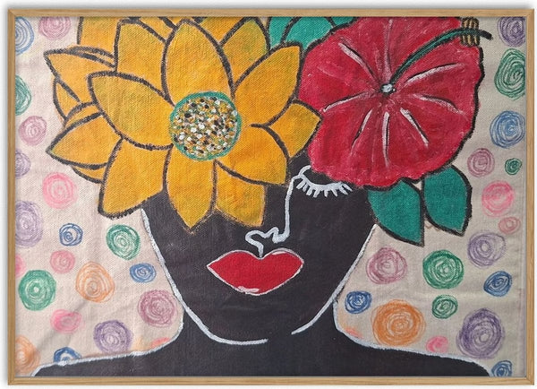 Hibiscus crown by Naïve Art by YLR - a yellow flower and a red hibiscus above a silver-drawn silhouette