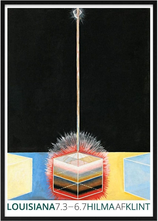 Hilma af Klint Exhibition poster featuring abstract geometric shapes and radiant lines on a dark background.