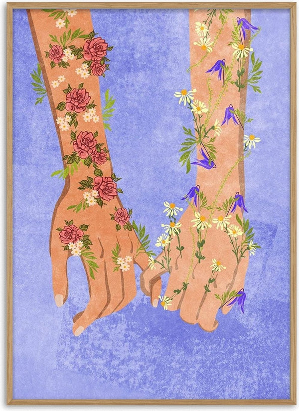 Two hands with floral tattoos gently interlocked, illustrated on a textured purple background.