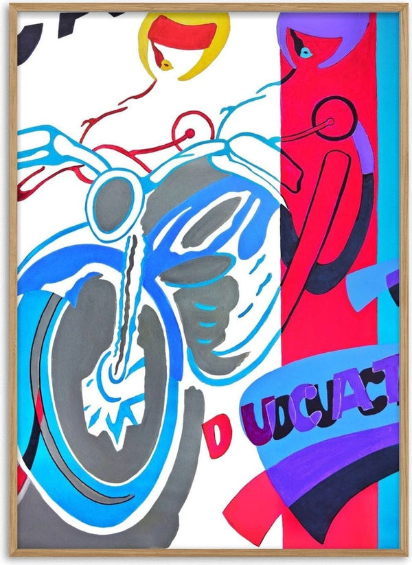 Homage to ducati by NKo - a Ducati drawn close up in blue and grey with two stylised women leaning in