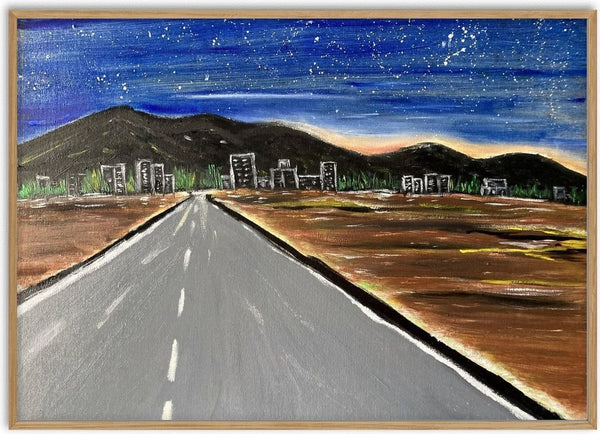 Hummock by Fábio Diniz Art - straight road across a brown plain to a city under a starry sky