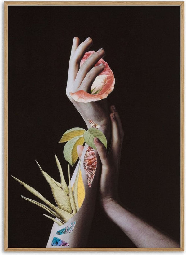 Hypnopompic by Rocio Montoya - pale hands holding a pink rose with leaves growing from the wrists