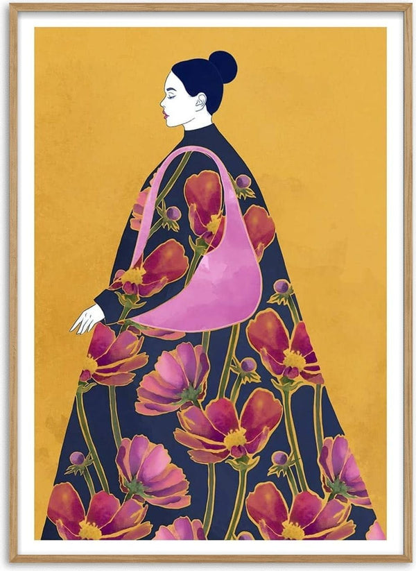 Illustration of a woman in a floral dress with a pink bag on a mustard yellow background. I Think - Elara Monet.