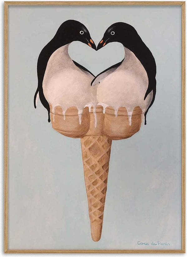 Two penguins form a heart shape atop an ice cream cone, artwork by Coco de Paris.