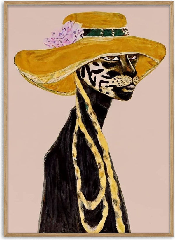 Stylized figure with leopard-like features, yellow hat, and pearls from I’m Makin’ Money - David Wolf product page.