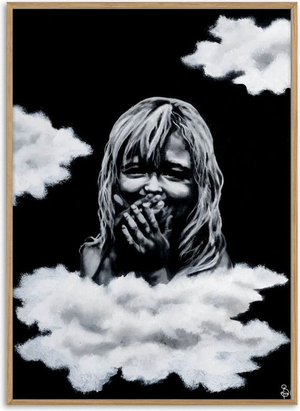 innocence by Sofia de Lemos - a laughing girl among white clouds on a black ground