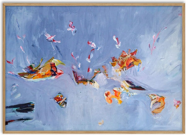 INSIGHT by William Cáceres - abstract bursts of orange and red on a hazy lavender blue field