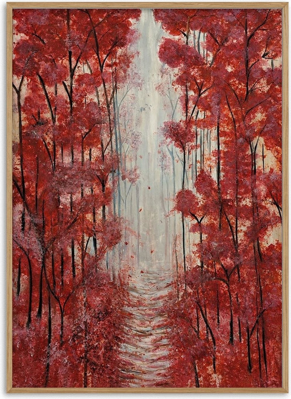 Into the Quiet by Maya - a path between slender trees with red and pink autumn foliage