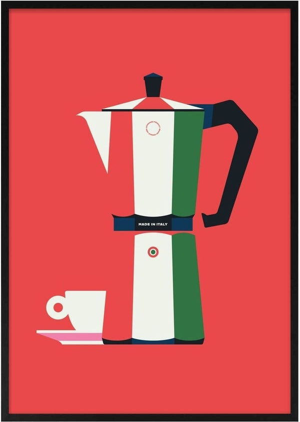 Italian coffee by Bo Lundberg - a moka pot in the colours of Italy with an espresso cup on red