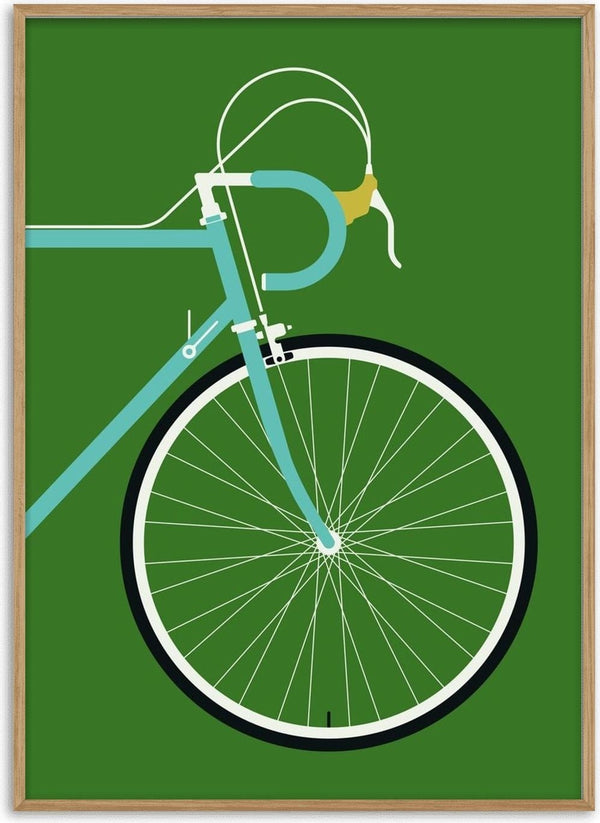 Italian Racing Bike - Detail by Bo Lundberg - the front wheel and handlebars of a turquoise racing bicycle on green