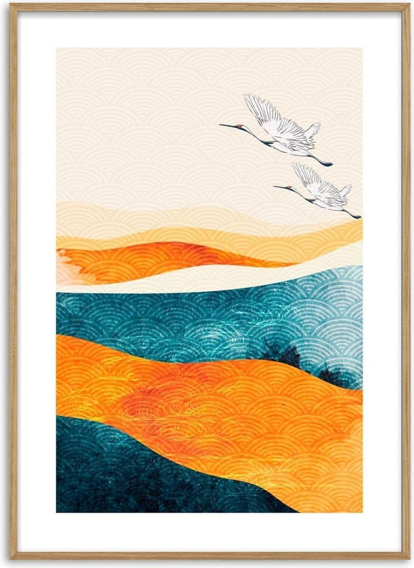 Two Japanese cranes flying over stylized orange and blue waves, featured on a Japanese art print poster.