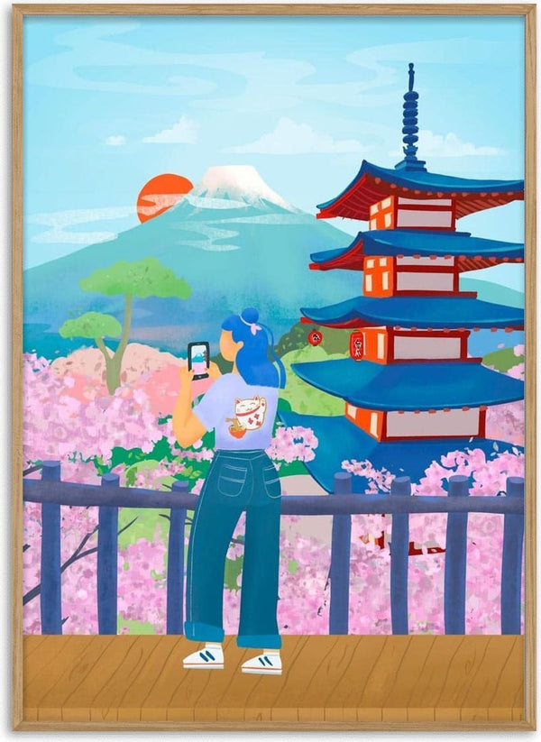 Colorful illustration of Mount Fuji, cherry blossoms, and a pagoda with a person taking a photo.