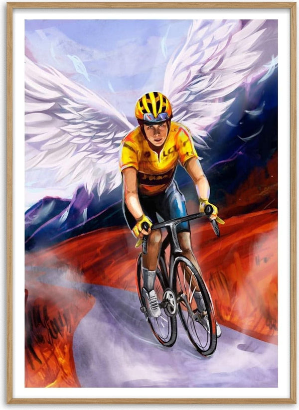 Illustration of Jonas Vingegaard cycling uphill with angel wings, vibrant mountains in the background.
