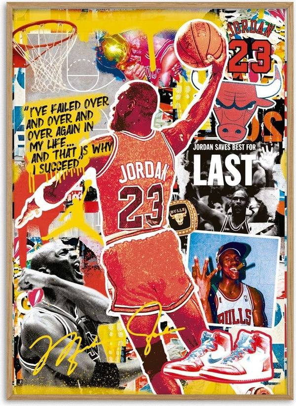 Collage of Michael Jordan in Bulls jersey #23, slam dunking, with quotes and basketball-themed graphics.