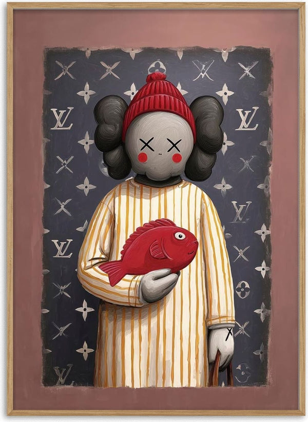 Kaws n Fish by Danii Steinfeldt featuring a KAWS-inspired figure in striped pajamas holding a red fish.
