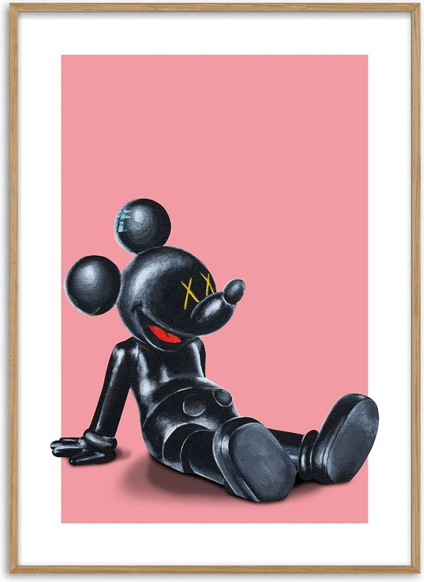 Kawsey Relax by Daniel Leo: Black cartoon figure sculpture lounging against a pink background.