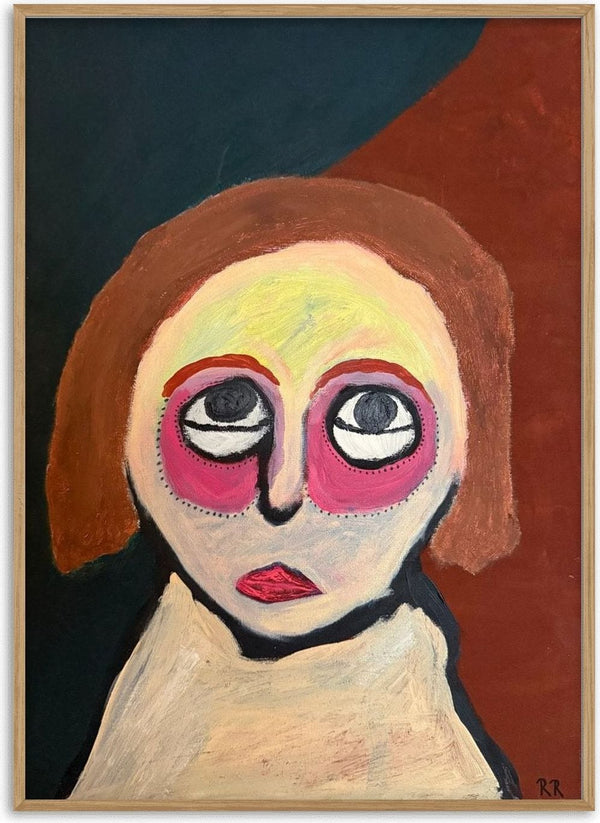 Kreativ by RR - a rust-haired head with pink-ringed eyes above a cream turtleneck
