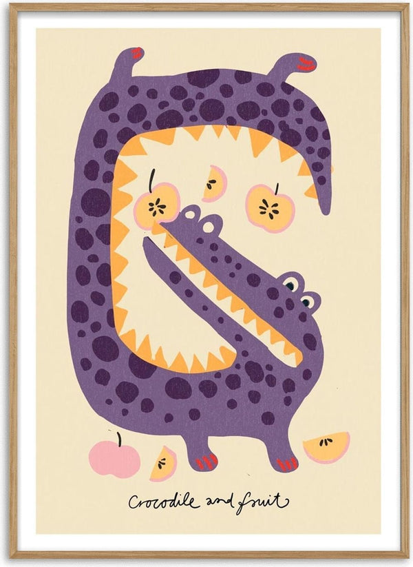 Illustration of a purple crocodile eating fruit, from the "Krokodille - Nina Broen" product page.