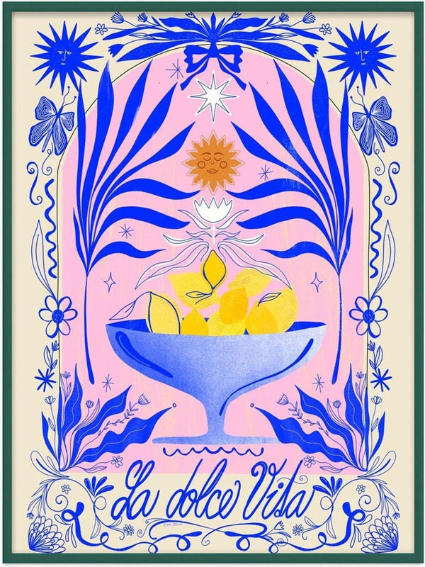 Illustrated bowl of lemons with floral accents and "La dolce vita" text in ornate blue and pink design.