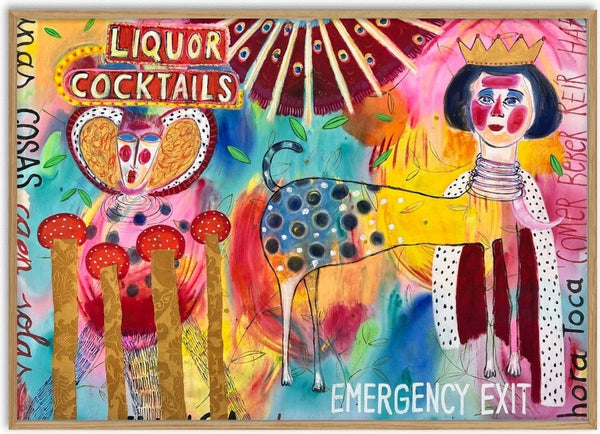 La noche confunde by María Burgaz - a crowned woman, a spotted animal and a neon liquor sign