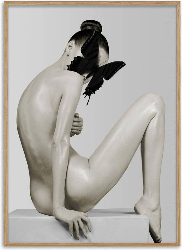 Artistic poster of a nude woman sitting, face partly covered by a large black butterfly on her shoulder.