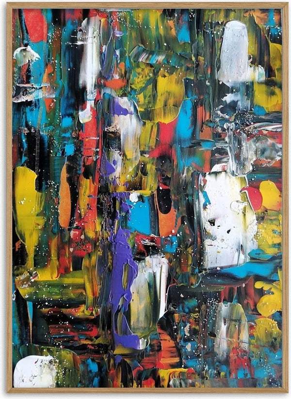 Lagoon by Igor Kotnik Art - thick vertical strokes of turquoise, cobalt, yellow and red on dark