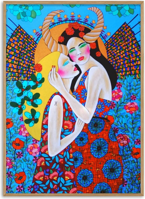 L'ange noir by Lucrezia Solena - two women embracing before a golden sun and striped wings on sky blue