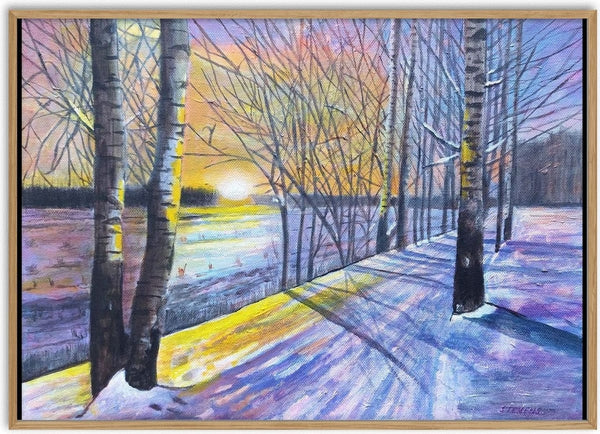 Late Afternoon in Winter by Finbar Stevens - birch trunks and violet shadows across snow