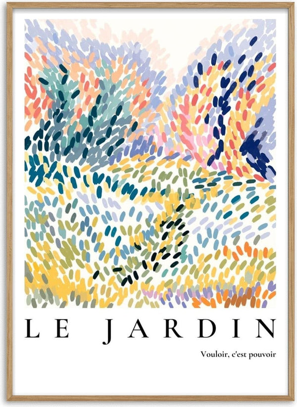 Abstract colorful brushstroke poster with "LE JARDIN" and the phrase "Vouloir, c'est pouvoir" at the bottom.