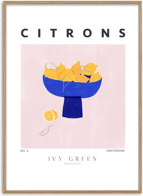 Illustration of lemons in a blue bowl with one sliced lemon, displayed on a Lemons - Ivy Green product page.
