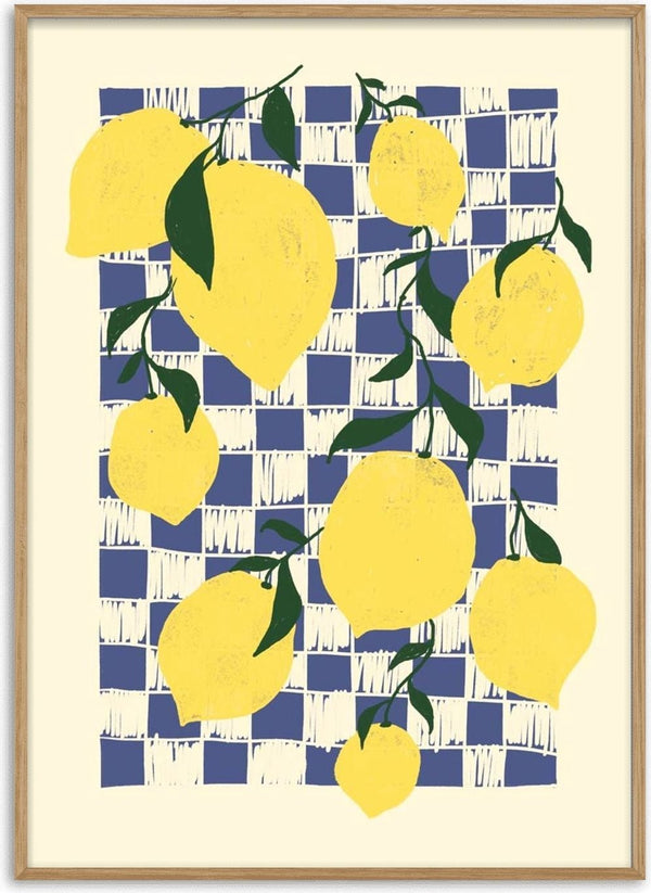 Illustration of fresh lemons with green leaves against a blue and white checkered background.