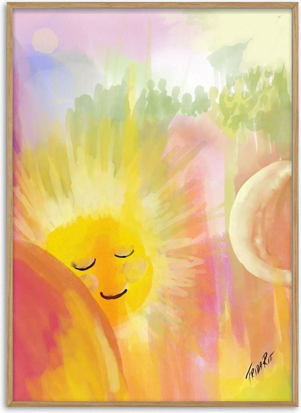 Let the sunshine in by FridaRit - a yellow sleeping sun in soft green, pink and lilac washes