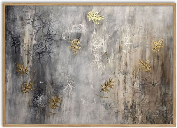 Letting go by Sabine Halbrock - golden leaf sprigs scattered over a streaked grey field