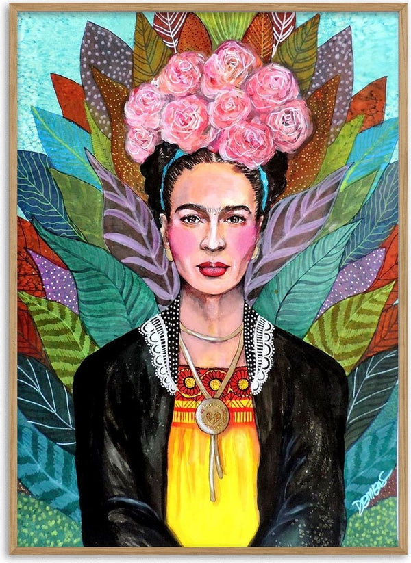 Colorful portrait of a woman with pink flowers in her hair, vibrant leaves in the background. Libertad by Sylvie Demers.