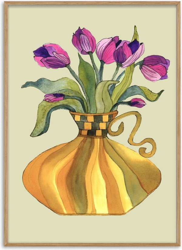 Lilac tulips by Marjorie Salvagni - magenta tulips in a golden chequered vase