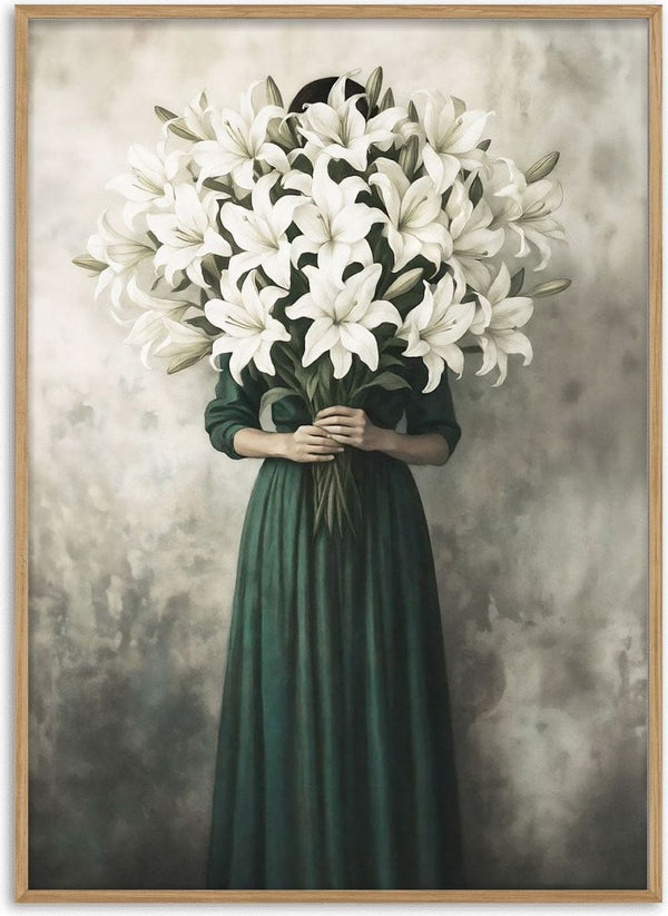 Lilies in Bloom by Annika Persson - a woman in a dark green dress holding an armful of white lilies