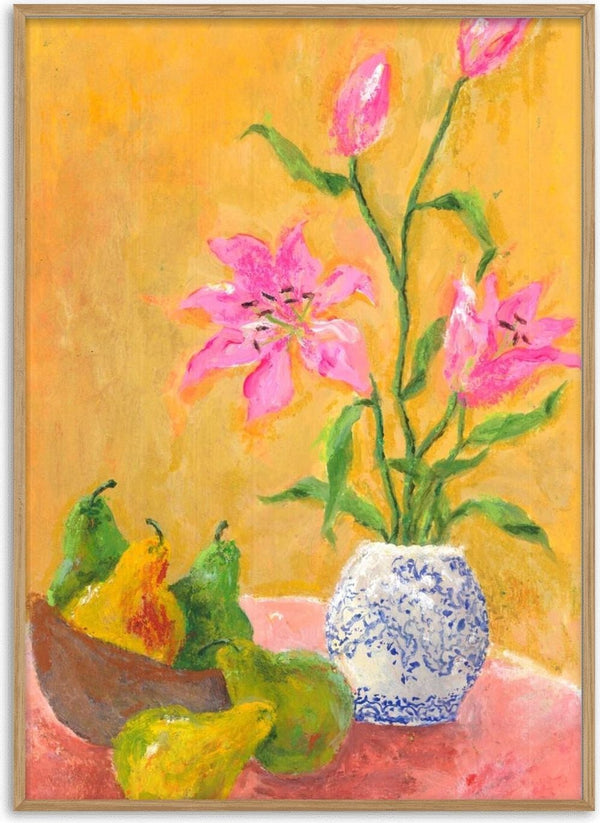 Lillies by Deblina Dey - pink lilies in a blue-and-white jar with green pears