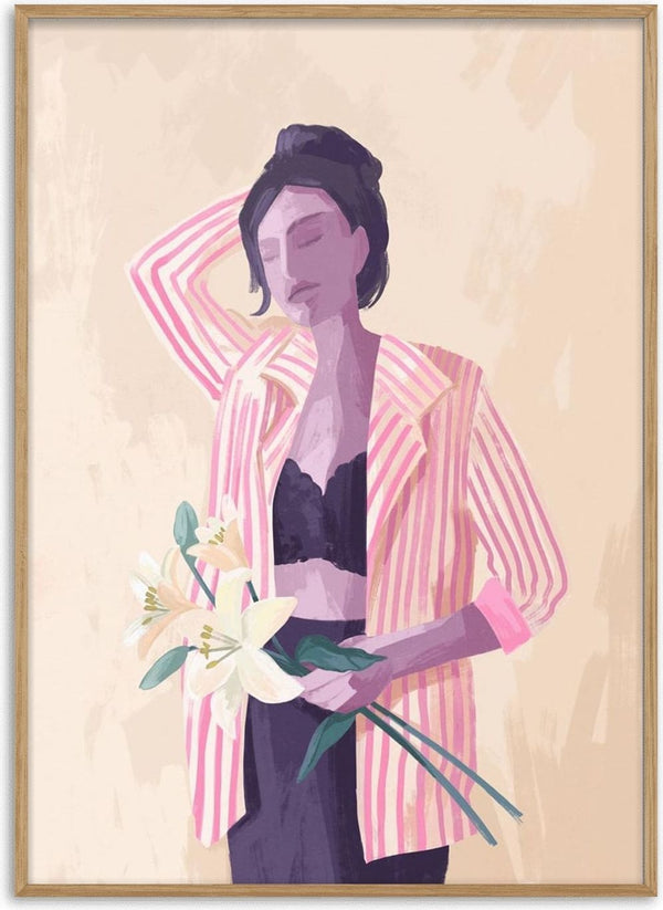 Illustration of a woman in a pink striped jacket holding lilies, featured on the Lilly in a Jacket - Goed Blauw product page.
