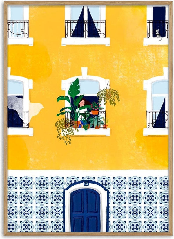 Illustration of a yellow Lisbon building with blue door, tiled facade, balconies, and plants on the window ledge.