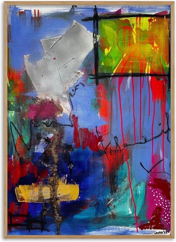 Living in Blaricum I by Laura Notari - lime square dripping red into periwinkle blue with black marks