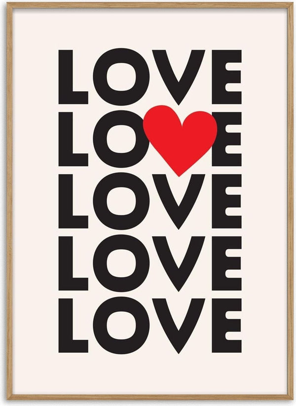 Poster with the word "LOVE" repeated five times; second "O" is replaced by a red heart shape.