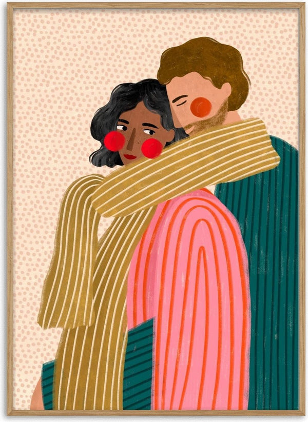 Loving Couple Embrace by Bea Müller – man hugging woman from behind in striped clothes