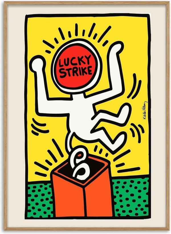 Keith Haring artwork of a figure with "Lucky Strike" head jumping from a box, on product page for Lucky Strike-Keith Haring.