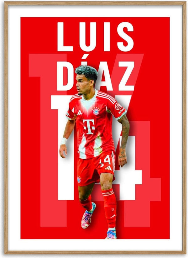 Luis Díaz in Bayern Munich kit with number 14, featured on a bold red football poster.