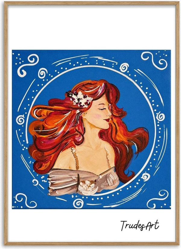 Luna in Blüte by Trude - a red-haired woman in profile inside a white ring of spirals on deep blue