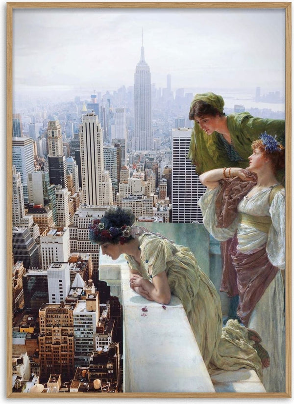Manhattan View by Dikhotomy - three women in neoclassical gowns at a marble parapet looking out over the Manhattan skyline