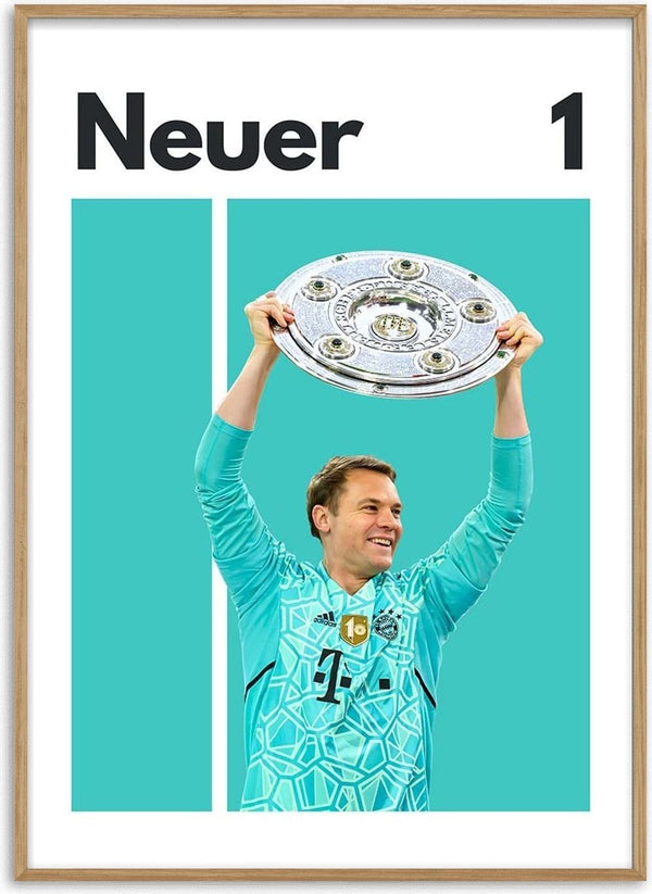 Poster of Manuel Neuer in a football kit holding a championship shield, with "Neuer 1" at the top.