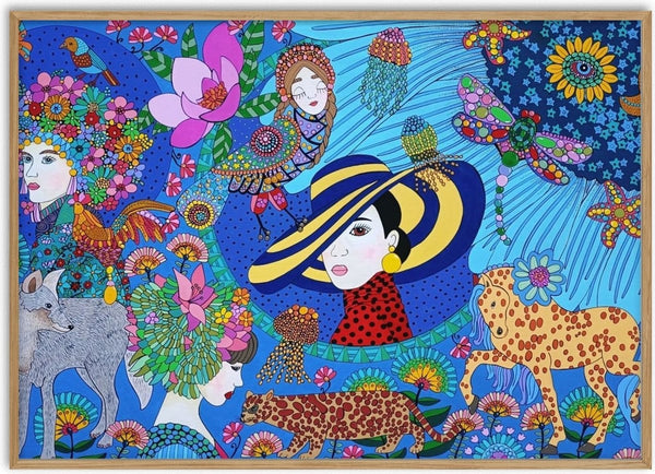 Marahaba la vie by Lucrezia Solena - three women, a wolf, a leopard and a horse among flowers on flat blue