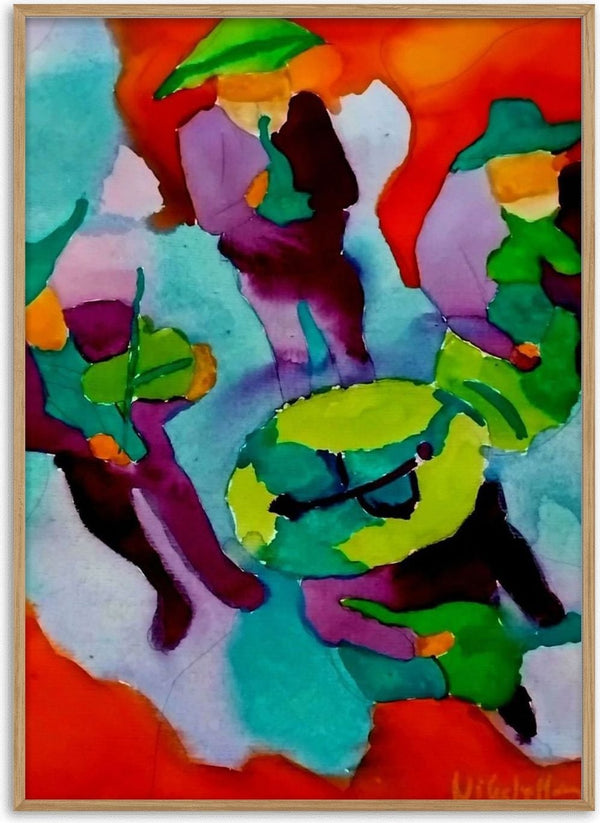Mariachis by Nittaart - figures in wide-brimmed green and yellow hats on a flat red-orange ground