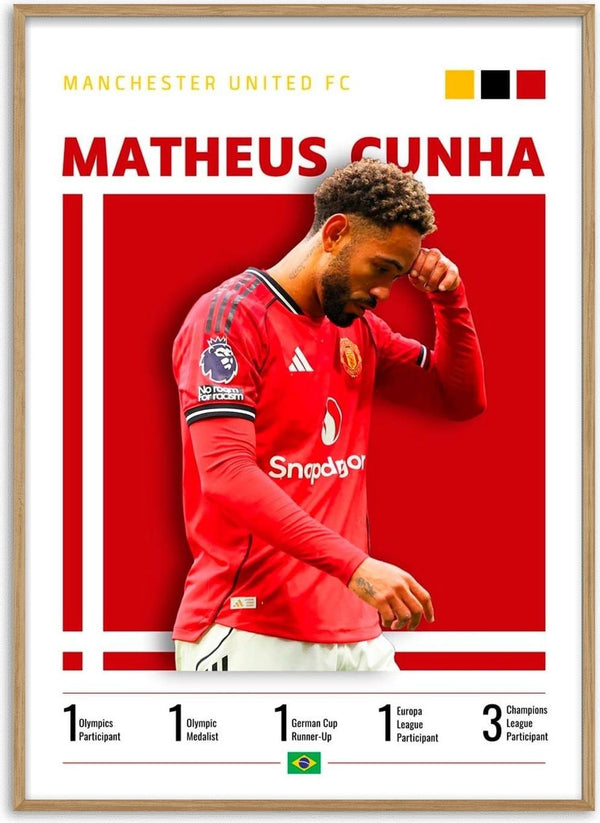 Matheus Cunha in Manchester United kit on a red and white football poster with club stats and flags.